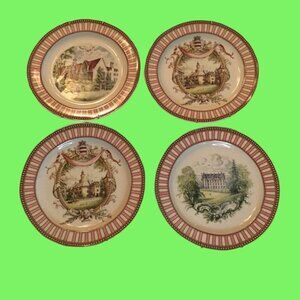 Vintage 10" Ceramic Plates with European Castle and Manor Prints Pink & Gold